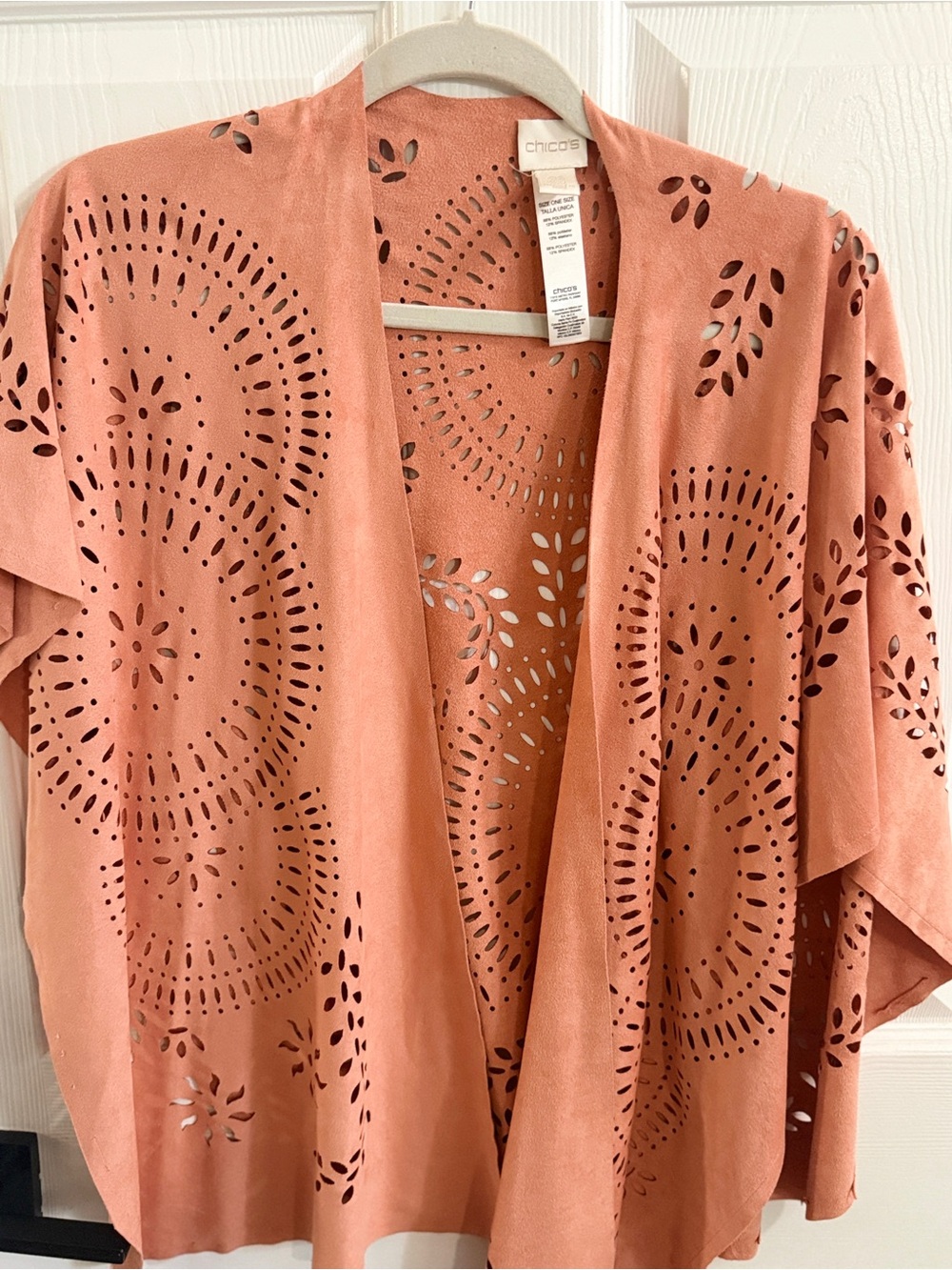 Chico’s Kimono OS Terracotta Faux Suede Laser Cut Open Front Topper